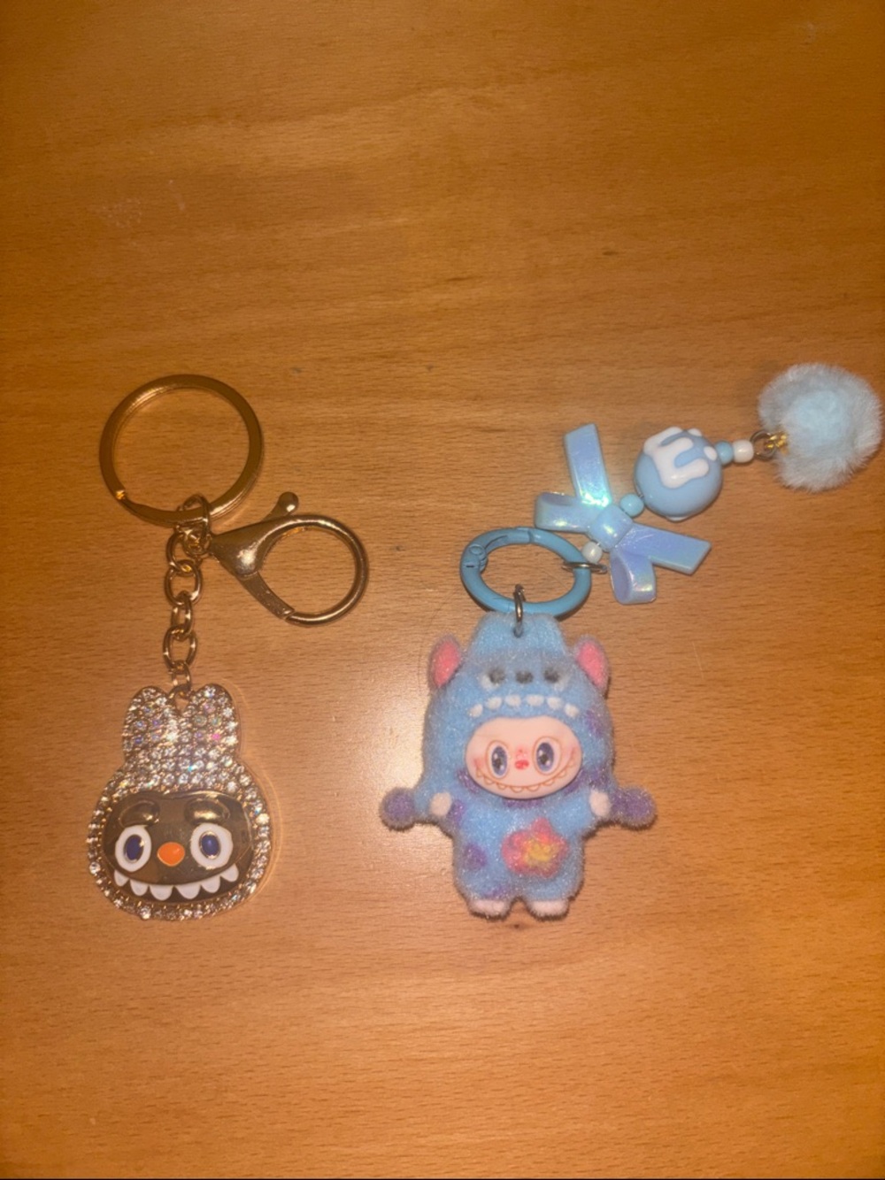 Cute Plush Character Keychain with Rhinestone Bunny Charm - Blue & Gold